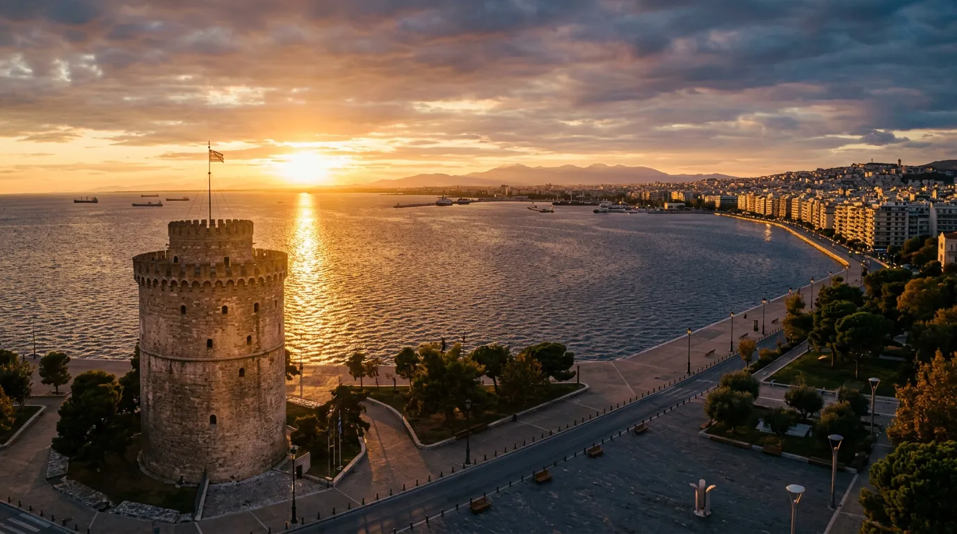 Panorama promenady w Salonikach z Białą Wieżą na pierwszym planie, Zatoka Termajska w tle, październikowe światło odbijające się od morza, warm golden hour, sandstone-indigo palette, cinematic