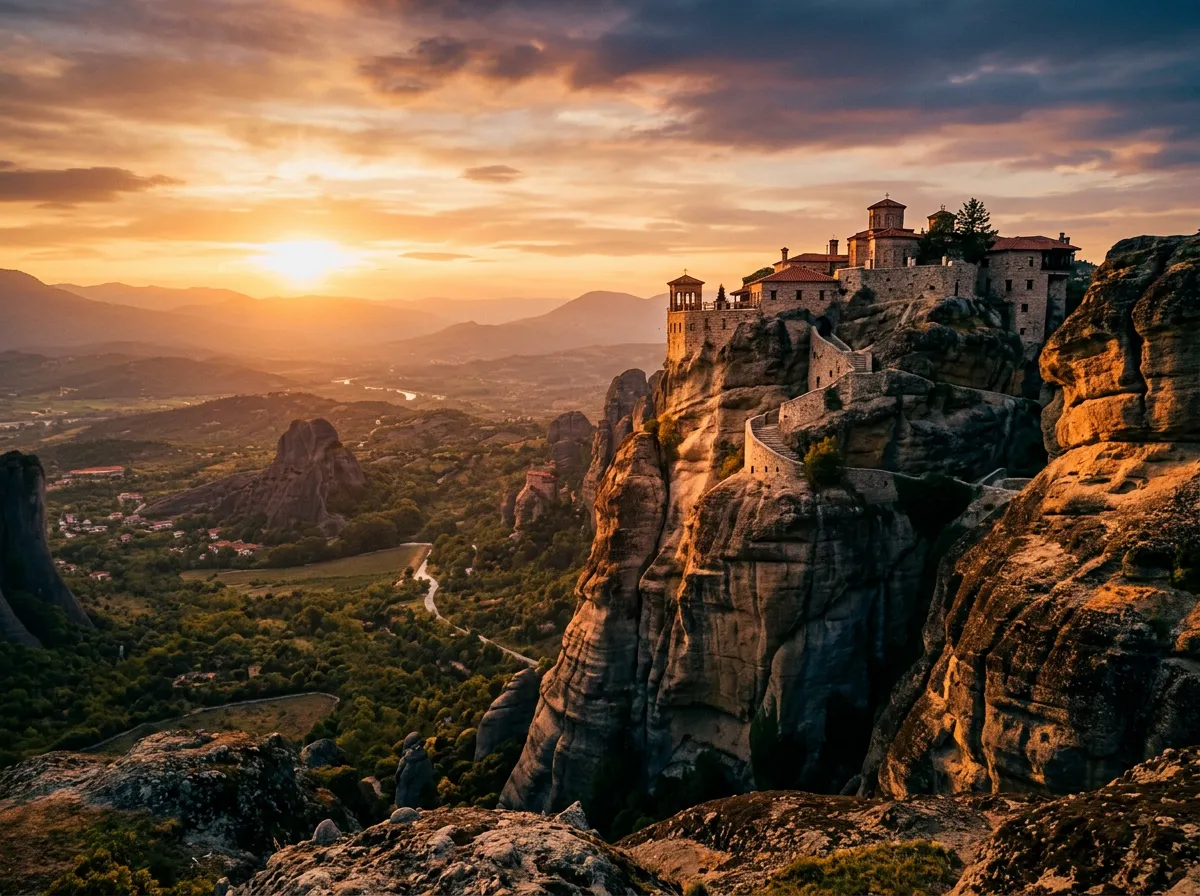 Klasztory Meteorów na skalnych iglicach o zachodzie słońca, grecki monastyczny kompleks zawieszony nad doliną Tesalii, warm cross-lighting, golden hour Mediterranean light, sandstone-indigo palette, cinematic