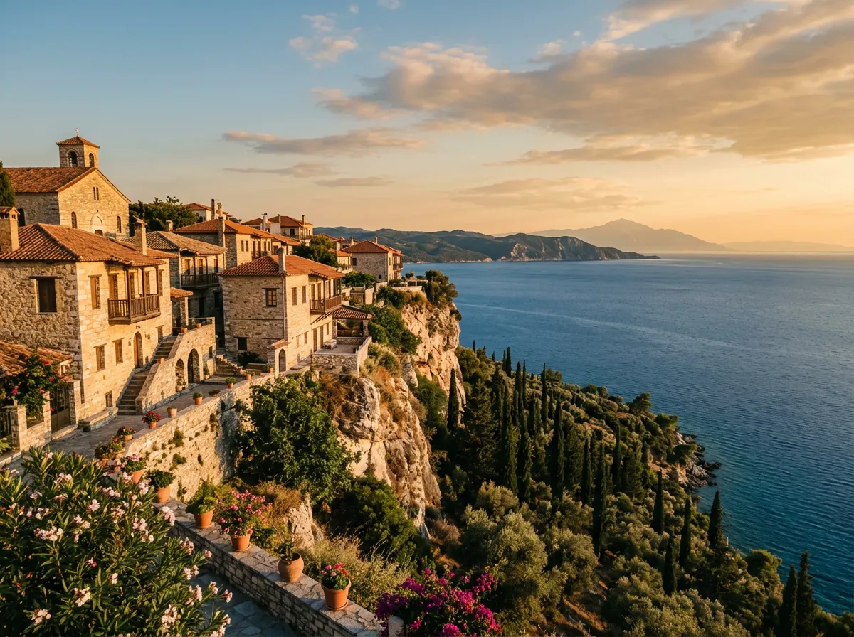 Wioska Afytos na półwyspie Chalkidiki z kamiennymi domami nad urwiskiem Zatoki Termajskiej, cyprysy w dole, warm golden hour late afternoon, sandstone-indigo-terracotta palette, architectural framing, cinematic