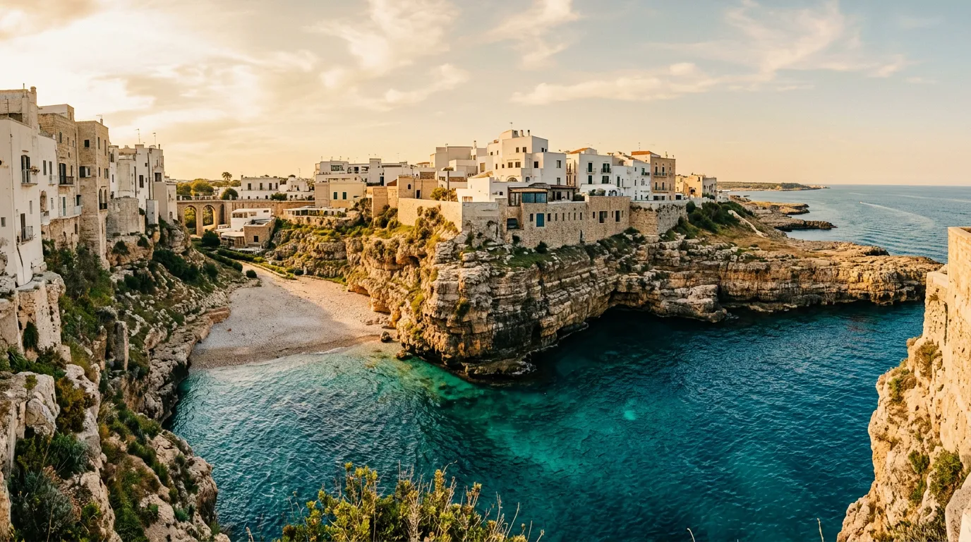 Panorama Polignano a Mare z wysokiego klifu nad Adriatykiem, bielone domy wpisane w skalny wąwóz, plaża Lama Monachile w dole, turkusowa woda i kamienne mostki, złote światło późnego popołudnia, paleta piaskowca i indygo, filmowa kompozycja