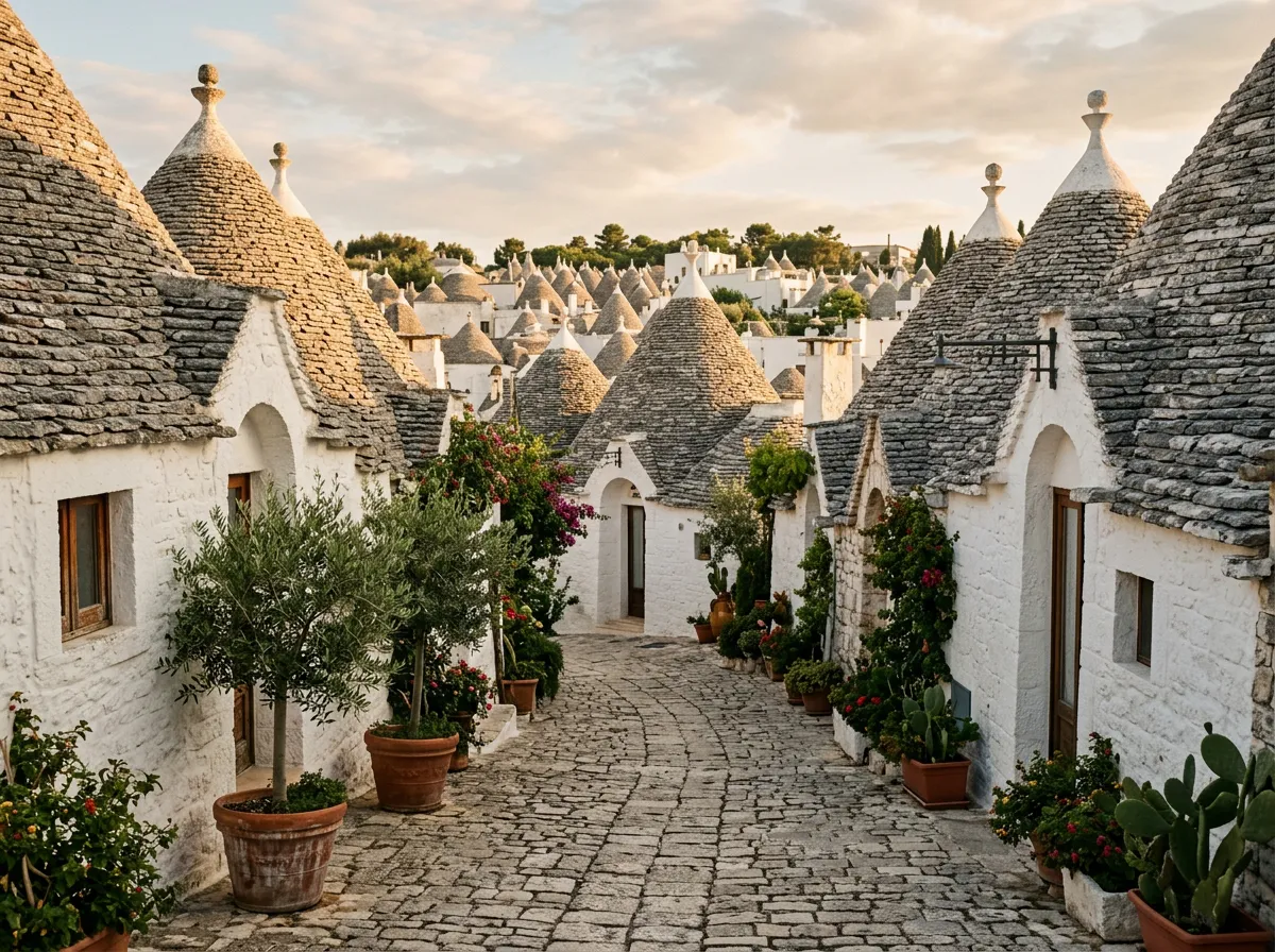 Centrum Alberobello z zgrupowanymi trulli, stożkowe dachy z wapienia, bielone ściany i małe okienka, kamienne uliczki, oliwki w donicach, ciepłe światło późnego popołudnia, paleta piaskowca i oliwnej zieleni, filmowa kompozycja