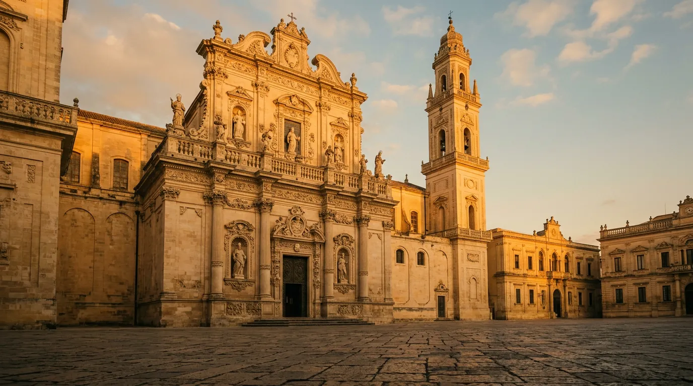 Katedra Lecce w ciepłym świetle zachodu, barokowa fasada z miękkiego wapienia leccese, bogate rzeźbienia ornamentów, kamienna nawierzchnia Piazza del Duomo, paleta piaskowca i złota, filmowa atmosfera