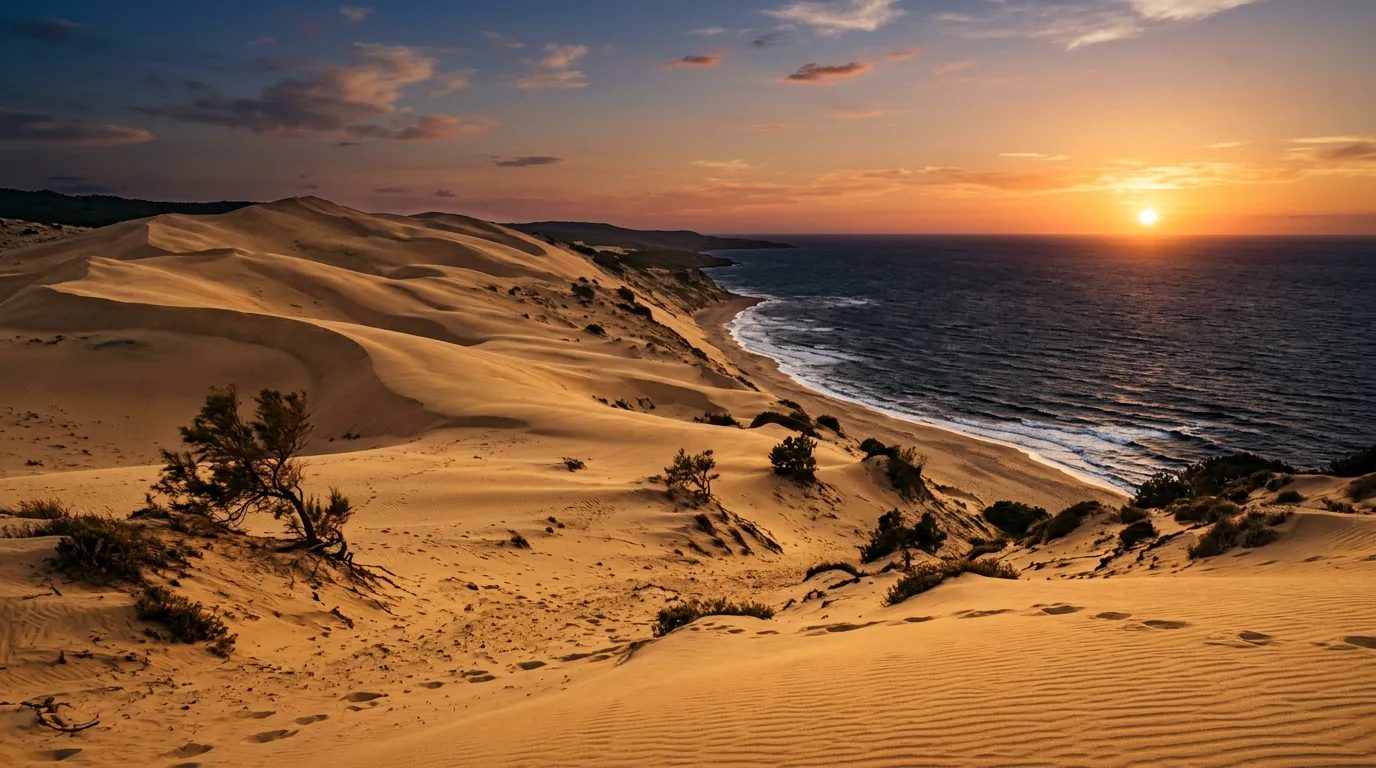 Wydmy Piscinas na Costa Verde o zachodzie słońca, stuumetrowe piaszczyste wzniesienia schodzące do Morza Tyrreńskiego, pojedyncze tamariszki w piasku, ciepłe złote światło wieczornego czerwca, paleta piaskowca i indygo, filmowa kompozycja