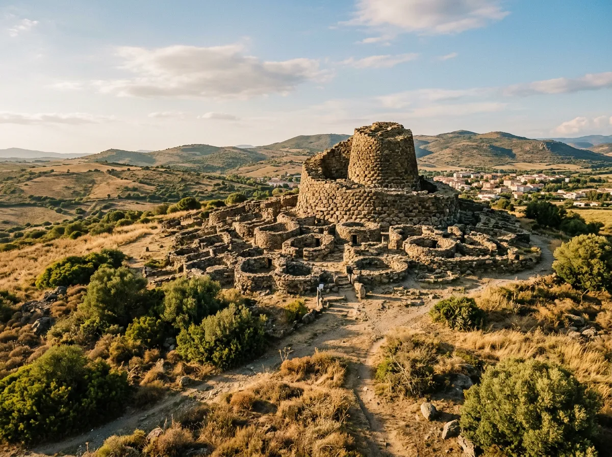 Nuragi Su Nuraxi w Barumini, kamienna stożkowa wieża z II tysiąclecia p.n.e., wioska u stóp, suche trawy sardyńskie dookoła, ciepłe światło wczesnego popołudnia, paleta piaskowca i oliwnej zieleni, filmowa kompozycja