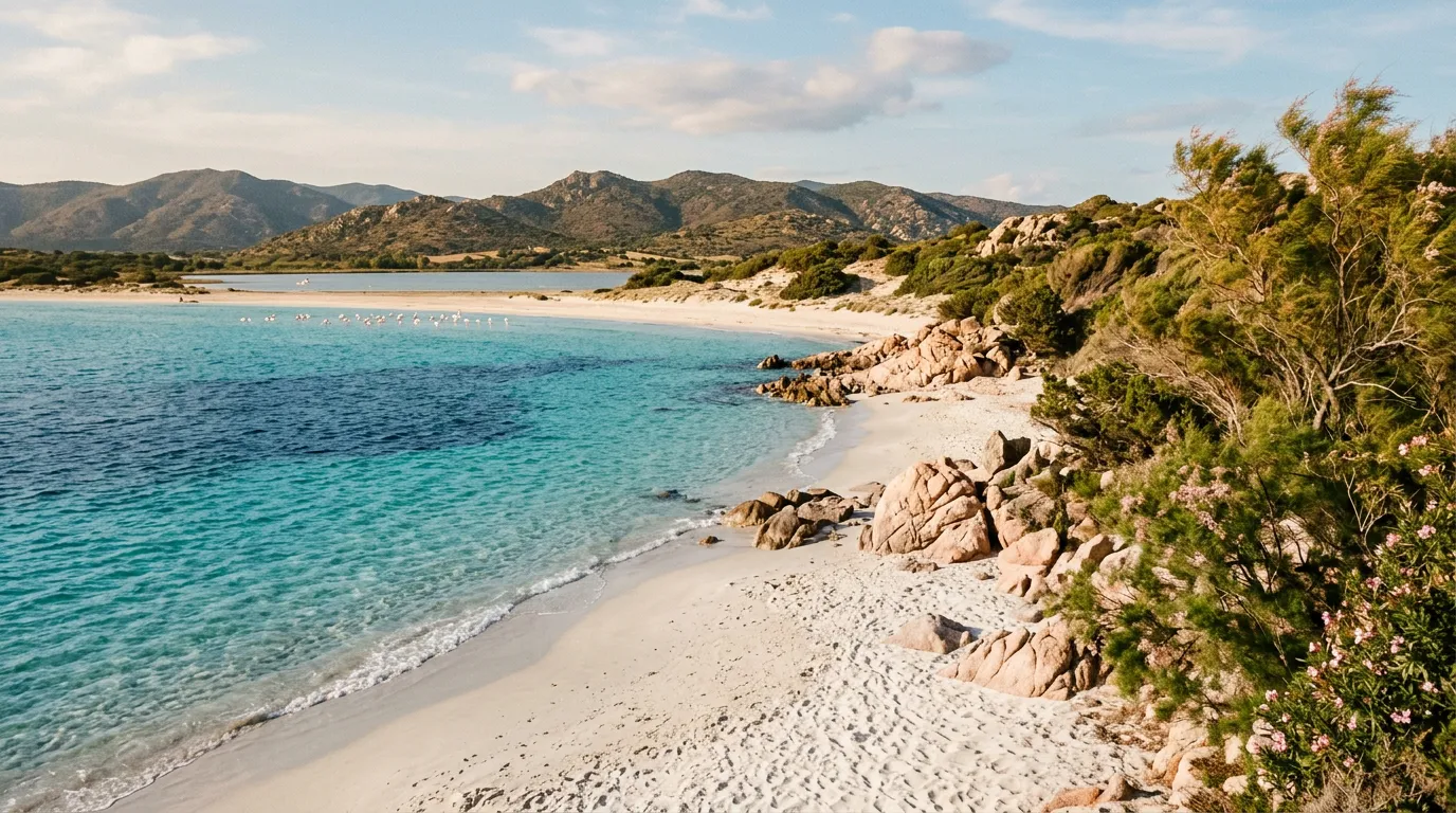 Plaża Villasimius z białym piaskiem i turkusową wodą, granitowe skały i tamariszki wzdłuż brzegu, laguna flamingów w tle, ciepłe światło wczesnego popołudnia, paleta piaskowca i indygo, filmowa kompozycja