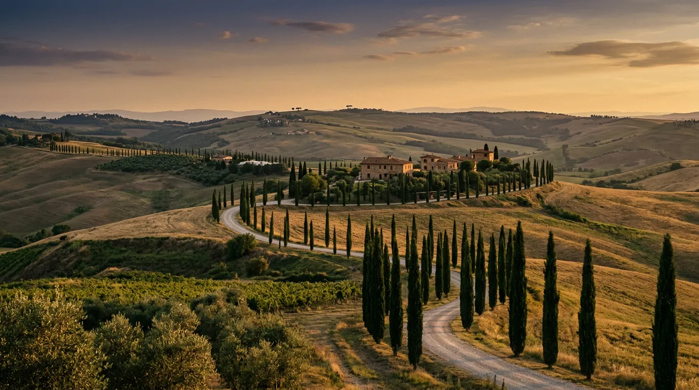 Toskański wiejski krajobraz z cyprysami wzdłuż polnej drogi w Val d'Orcia, pagórki porośnięte winnicami, kamienne domki z terakotowymi dachami, ciepłe wieczorne światło, złota godzina, paleta piaskowca i indygo, kinematograficzna jakość