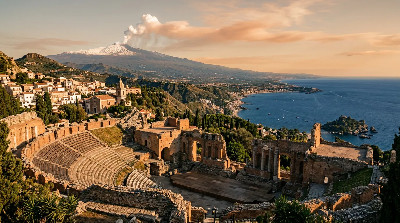 Panorama Taorminy z greckim teatrem na pierwszym planie, Etna dymiąca w tle, Morze Jońskie po prawej, białe domy starego miasta, ciepłe światło późnego popołudnia, paleta piaskowca i indygo, filmowa kompozycja