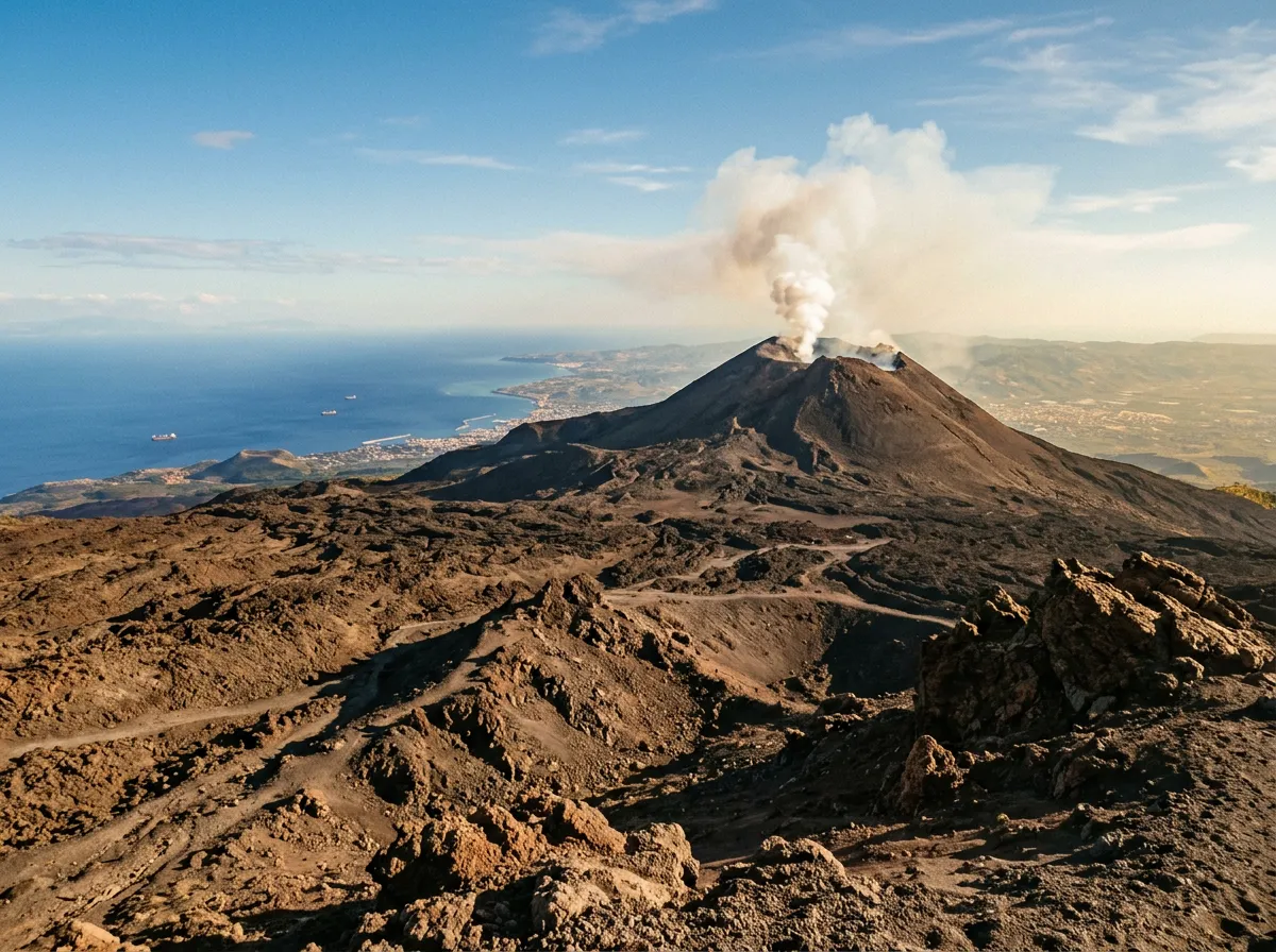 Krater Etny z Rifugio Sapienza, ślady dawnych erupcji i pola lawy, brunatne bryły zastygłej lawy, dym z głównego krateru, panorama Morza Jońskiego w tle, ciepłe światło wczesnego popołudnia, paleta indygo i rdzawej ziemi, filmowa kompozycja