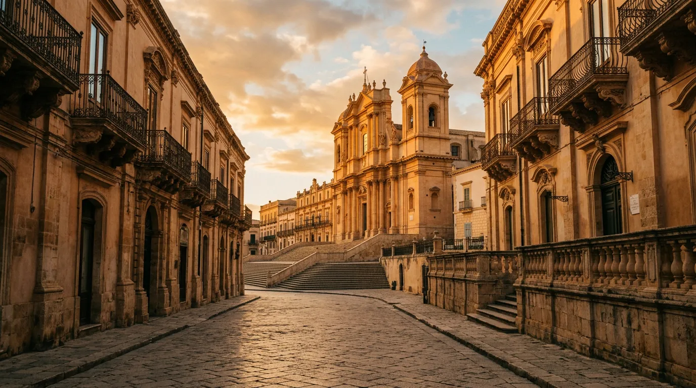 Miasto Noto o zachodzie słońca, barokowe fasady z miękkiego wapienia, kamienna nawierzchnia Corso Vittorio Emanuele, katedra na szczycie schodów, ciepłe złote światło późnego października, paleta piaskowca i terakoty, filmowa atmosfera