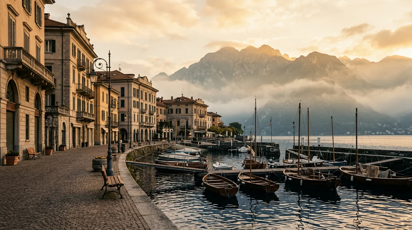 Promenada w Como o wczesnym poranku z widokiem na jezioro, stary port z łodziami rybackimi, w tle górskie wzgórza pokryte mgłą, neoklasyczne fasady kamienic, ciepłe światło wschodu słońca, paleta piaskowca i indygo, filmowa kompozycja