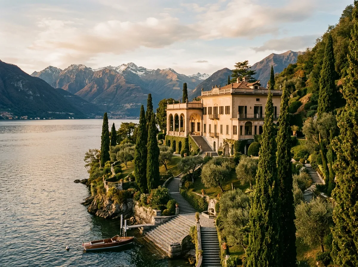 Willa Balbianello na cyplu jeziora Como, schody prowadzące do wody, cyprysy w ogrodzie, panorama Larii i gór Alp szwajcarskich, ciepłe światło późnego popołudnia, paleta piaskowca i zieleni oliwnej, filmowa kompozycja
