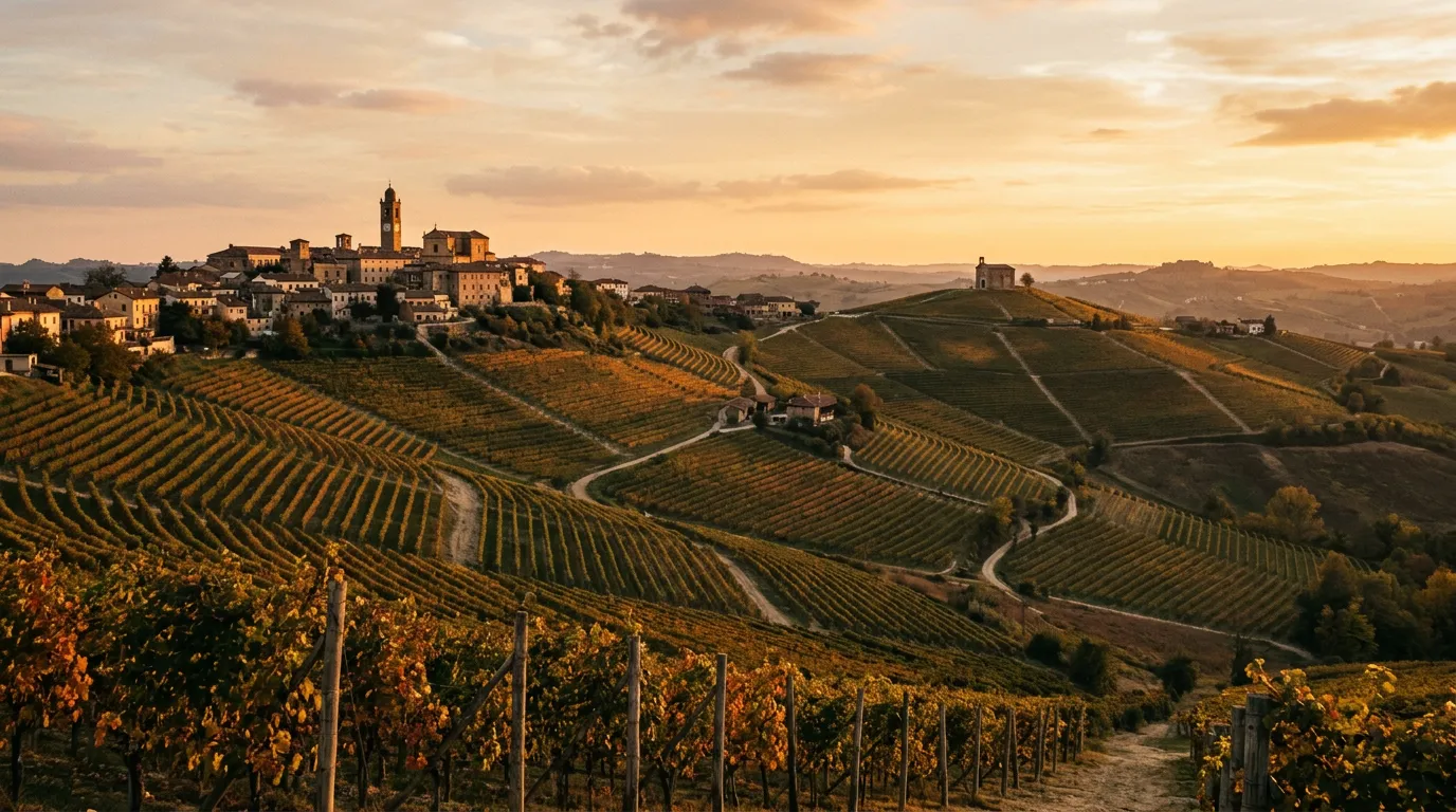 Wzgórza winne Langhe w Piemoncie o zachodzie słońca, pofałdowane rzędy winorośli Nebbiolo, samotne kaplice na szczytach, winnica La Morra z panoramą, złote światło późnego października, paleta oliwnej zieleni i piaskowca, filmowa kompozycja