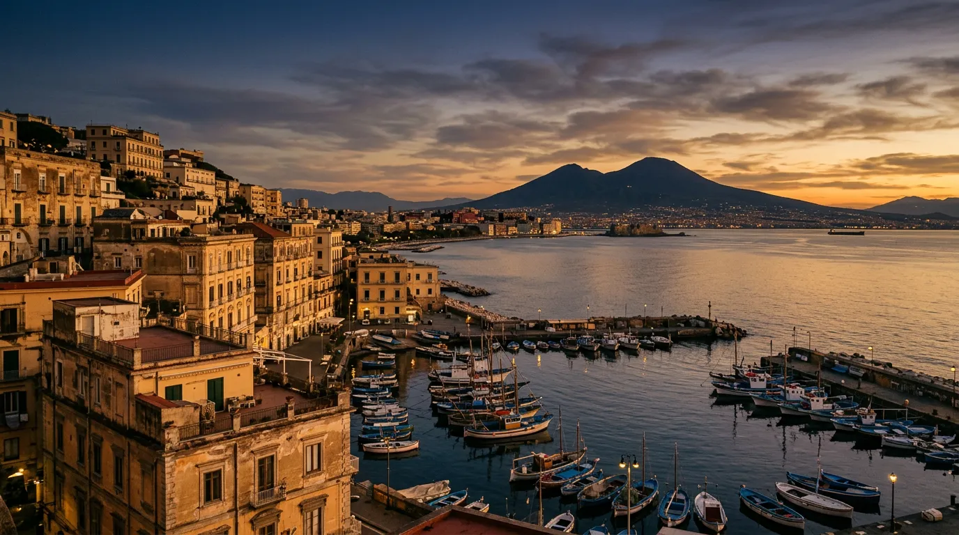 Panorama Zatoki Neapolitańskiej o zmierzchu z dzielnicy Mergellina, sylwetka Wezuwiusza w tle, rybackie łodzie w porcie, światło późnego popołudnia na ochrowych fasadach kamienic, paleta piaskowca i indygo, filmowa atmosfera