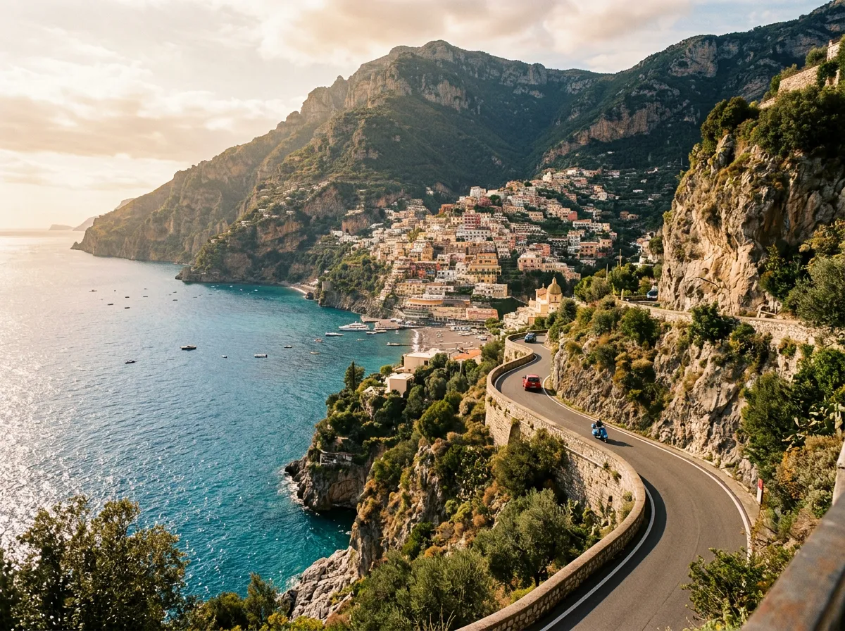 Serpentyny SS163 Amalfitana nad klifami, stromych ściany skalne schodzące do Morza Tyrreńskiego, kolorowe domy Positano wpisane w zbocze góry, ciepłe światło porannego słońca, paleta terakoty i indygo, filmowa kompozycja