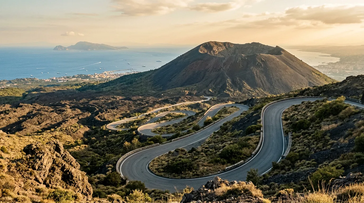 Droga prowadząca na Wezuwiusz z serpentynami przez pole lawy, w tle Zatoka Neapolitańska i wyspa Capri na horyzoncie, złote światło popołudnia, paleta piaskowca i oliwnej zieleni, filmowa atmosfera