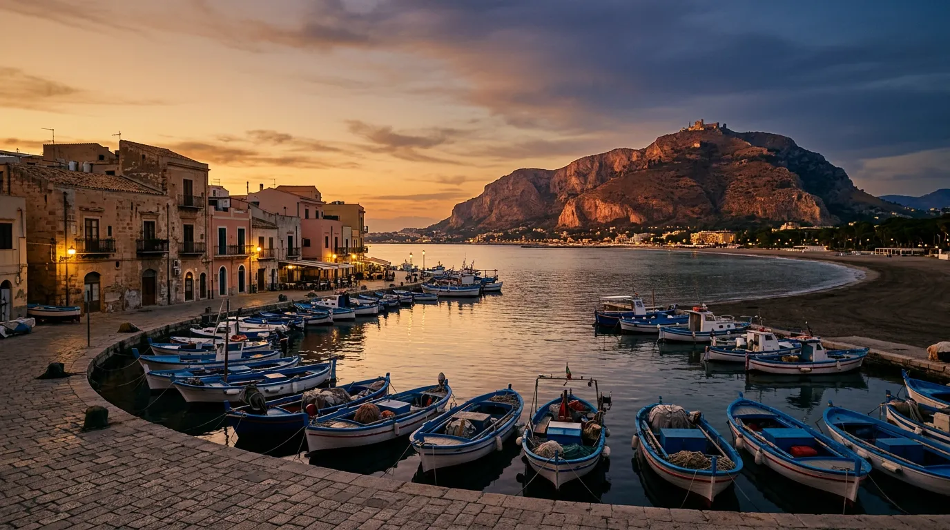 Monte Pellegrino nad Palermo o zachodzie słońca, widok z Mondello na zatokę, historyczne kamienice portowe, łodzie rybackie, ciepłe złote światło wrześniowego wieczoru, paleta piaskowca i indygo, filmowa kompozycja