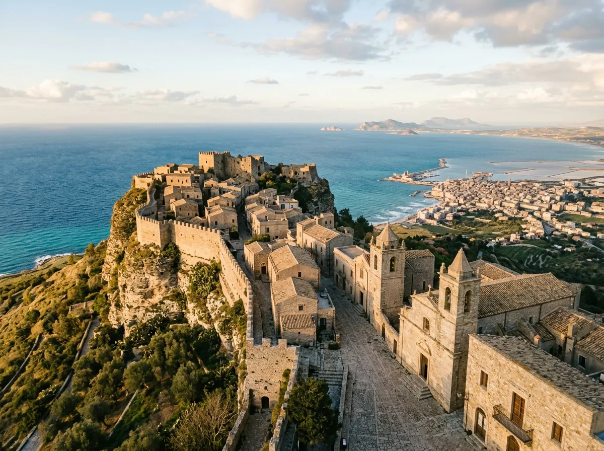 Panorama Erice z normandzkimi murami na szczycie góry, widok na Morze Tyrreńskie w dole i miasto Trapani, ciasne brukowane uliczki, kamienne kościoły, ciepłe światło wczesnego popołudnia, paleta piaskowca i indygo, filmowa kompozycja