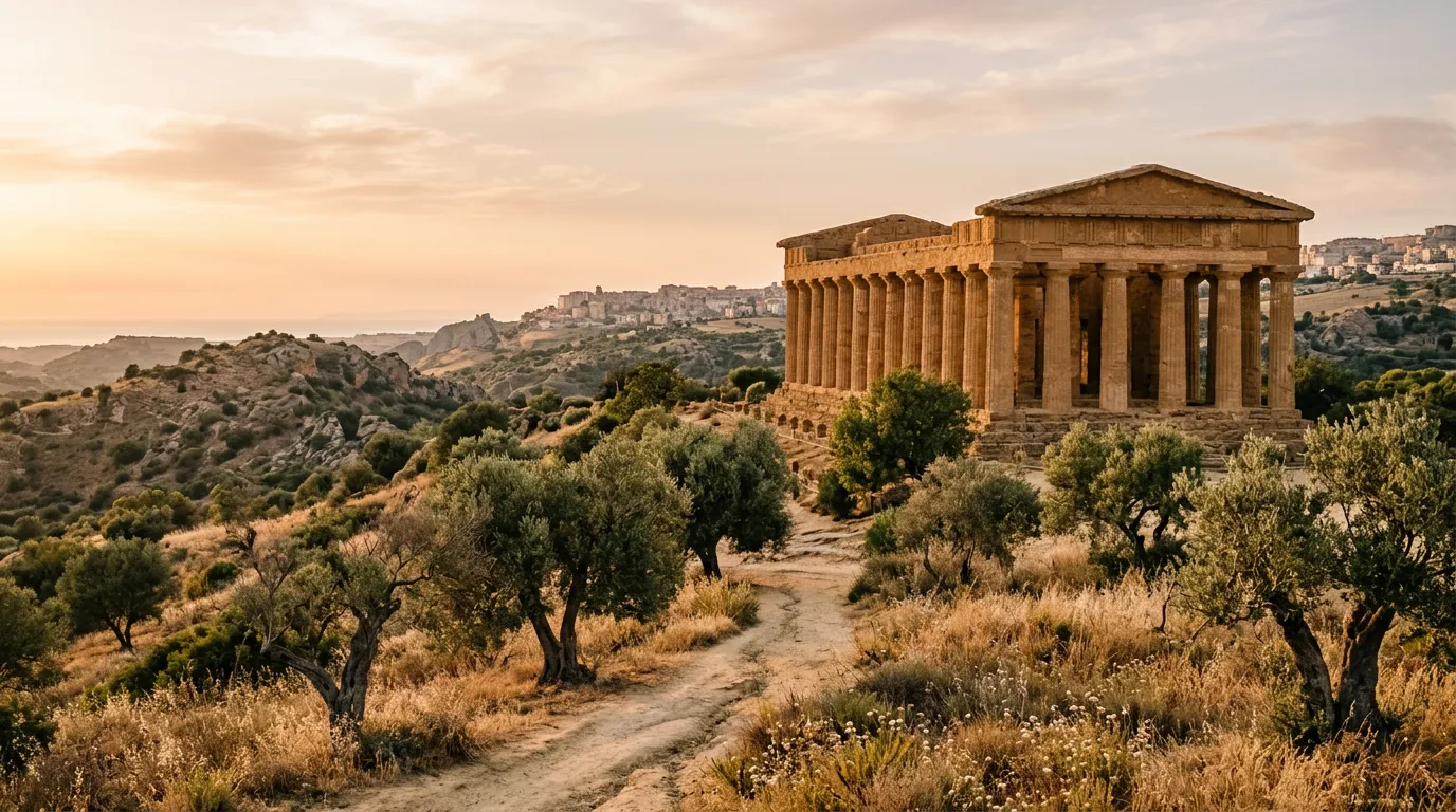 Dolina Świątyń w Agrigento o złotej godzinie, świątynia Concordii z kolumnami doryckimi, sucha trawa i oliwne drzewa wokół, pejzaż skalny w tle, ciepłe światło późnego popołudnia, paleta piaskowca i oliwnej zieleni, filmowa kompozycja