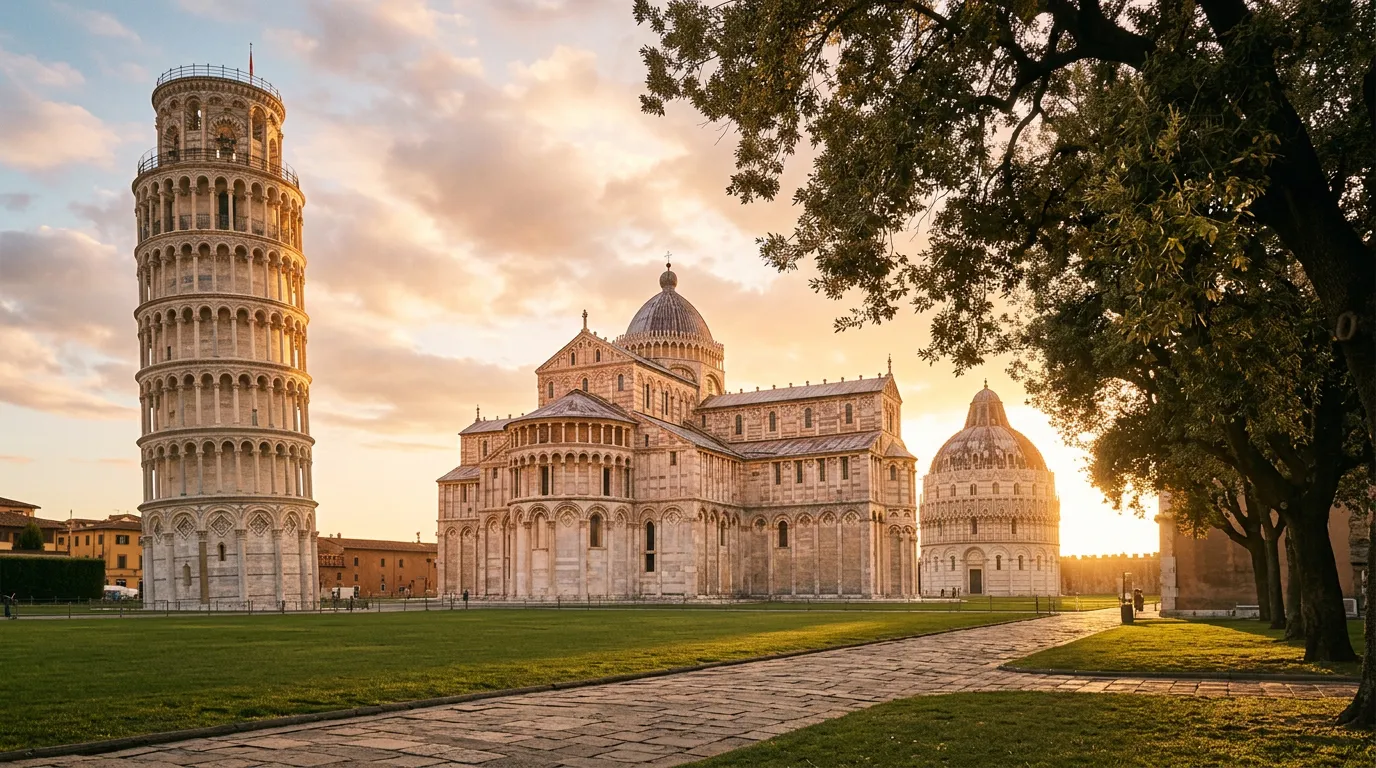 Pole Cudów w Pizie o zachodzie słońca, krzywa wieża i katedra w różowym marmurze, baptysterium w tle, cień dębów nad kamienną placem, złote światło późnego września, paleta piaskowca i zieleni oliwnej, filmowa kompozycja