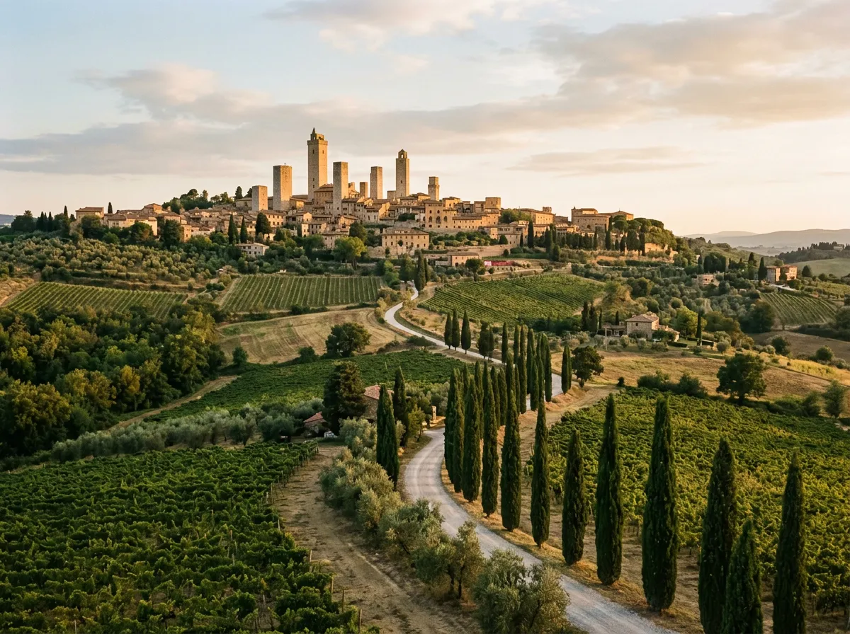 Średniowieczne mury i wieże San Gimignano na wzgórzu, winnice Chianti w dolinie poniżej, cyprysy wzdłuż drogi, ciepłe światło późnego popołudnia, paleta oliwnej zieleni i piaskowca, filmowa kompozycja