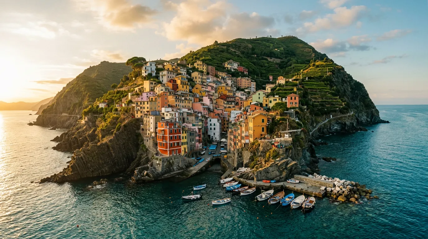 Wsie Cinque Terre — Manarola zaczepiona o klify nad Morzem Liguryjskim, kolorowe domki zbiegające do małego portu, winnice tarasowe w tle, złote światło późnego popołudnia, paleta terakoty i indygo, filmowa kompozycja