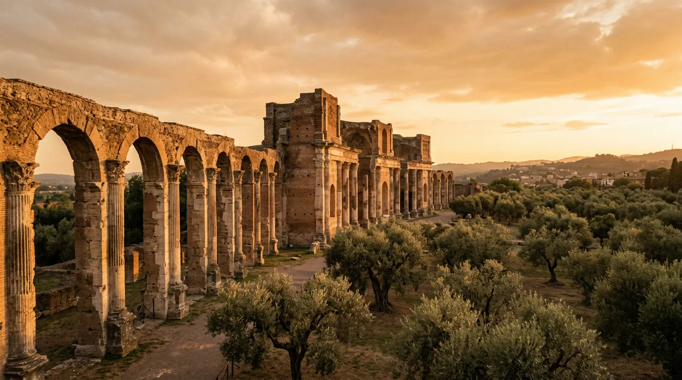 Wieczorne światło na kamiennych ruinach Villa Adriana w Tivoli, łuki i kolumny rzymskiego kompleksu, otaczające pole oliwne, ciepłe światło złotej godziny, terakotowa paleta, filmowa atmosfera