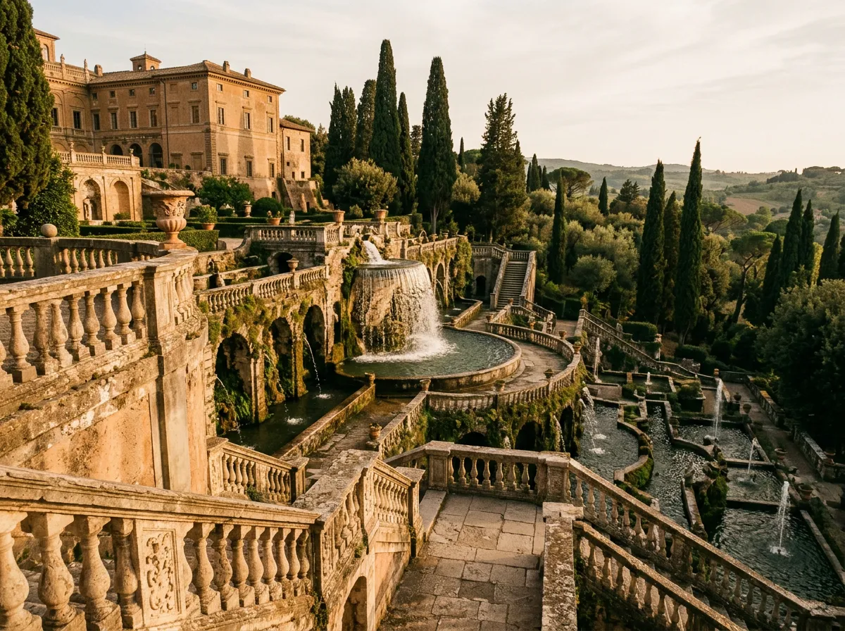 Ogrody renesansowe Villa d'Este z kaskadami fontann i kamiennymi balustradami, cyprysy w tle, ciepłe popołudniowe światło, paleta piaskowca i zieleni oliwnej, filmowa kompozycja