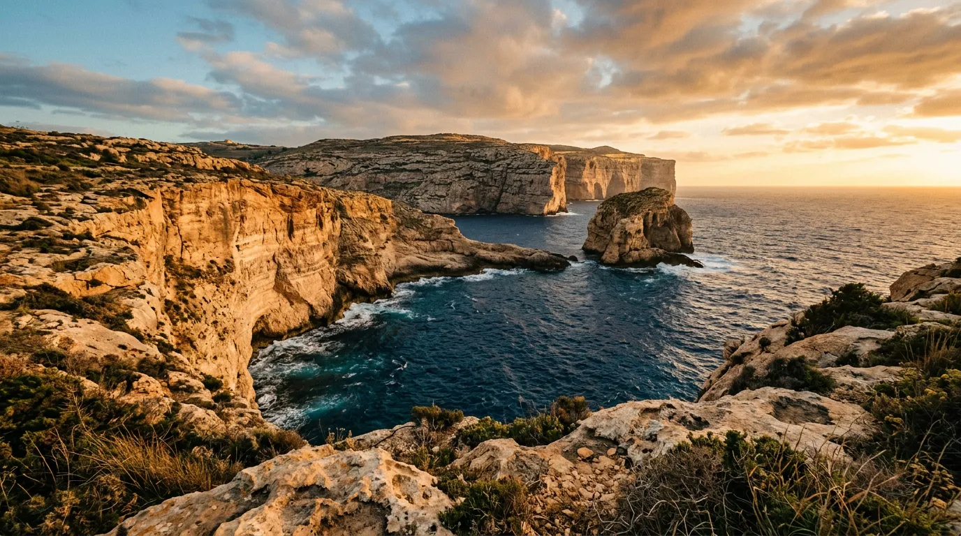 Dramatic view of Dwejra Bay on Gozo's western cliff, honey limestone cliffs plunging into deep indigo Mediterranean, the circular Fungus Rock visible in the bay, late golden hour light across the weathered stone, sandstone-indigo-terracotta palette, cinematic