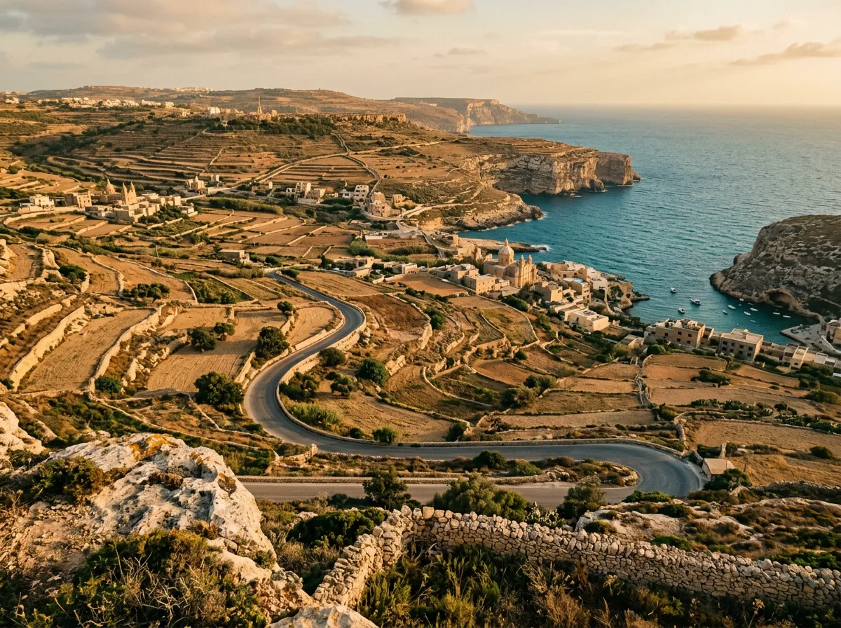 View from Gozo's Ta' Ċenċ plateau looking down winding rural road through stone-walled fields to coast with small villages scattered on honey-coloured limestone slopes, warm late afternoon light, sandstone-indigo-terracotta palette, cinematic