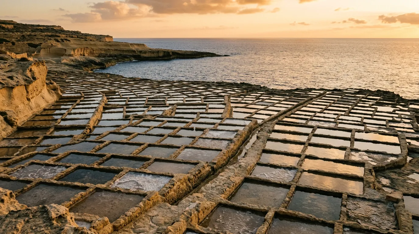 Historic square-cut stone salt pans carved into honey-limestone coast at Xwejni Bay on Gozo's northern shore, warm evening light reflecting off the shallow evaporating seawater, distant Mediterranean horizon, sandstone-indigo-terracotta palette, cinematic