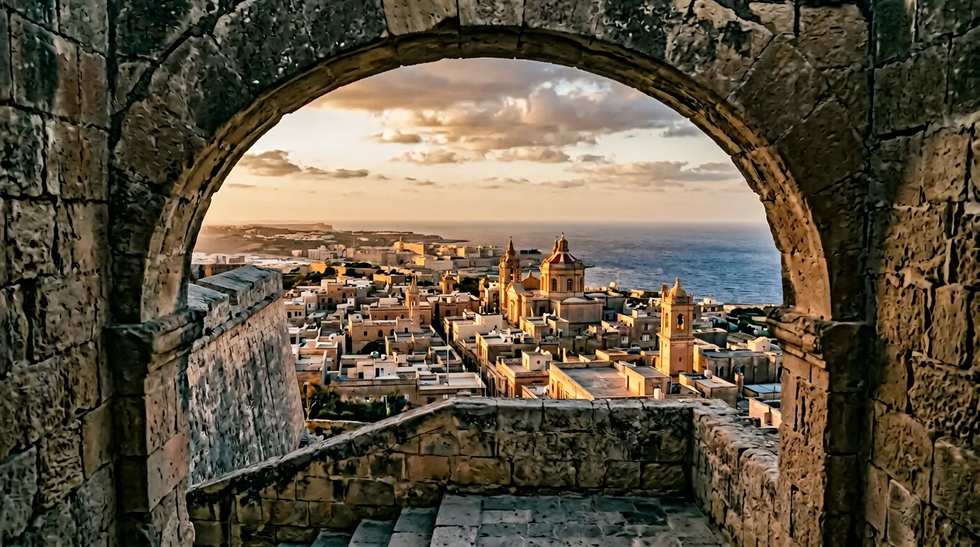 Cool shaded limestone archway of Mdina's old bastion framing a view over honey-coloured rooftops and the distant Mediterranean Sea, late golden hour, sandstone-indigo-terracotta palette, cinematic