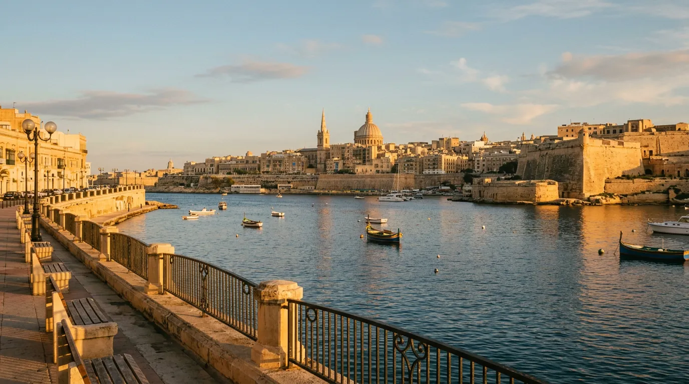 Late afternoon view of Sliema promenade looking across Marsamxett Harbour to the honey limestone bastions of Valletta, warm sunlight on both sides, calm Mediterranean water in between, sandstone-indigo-terracotta palette, cinematic