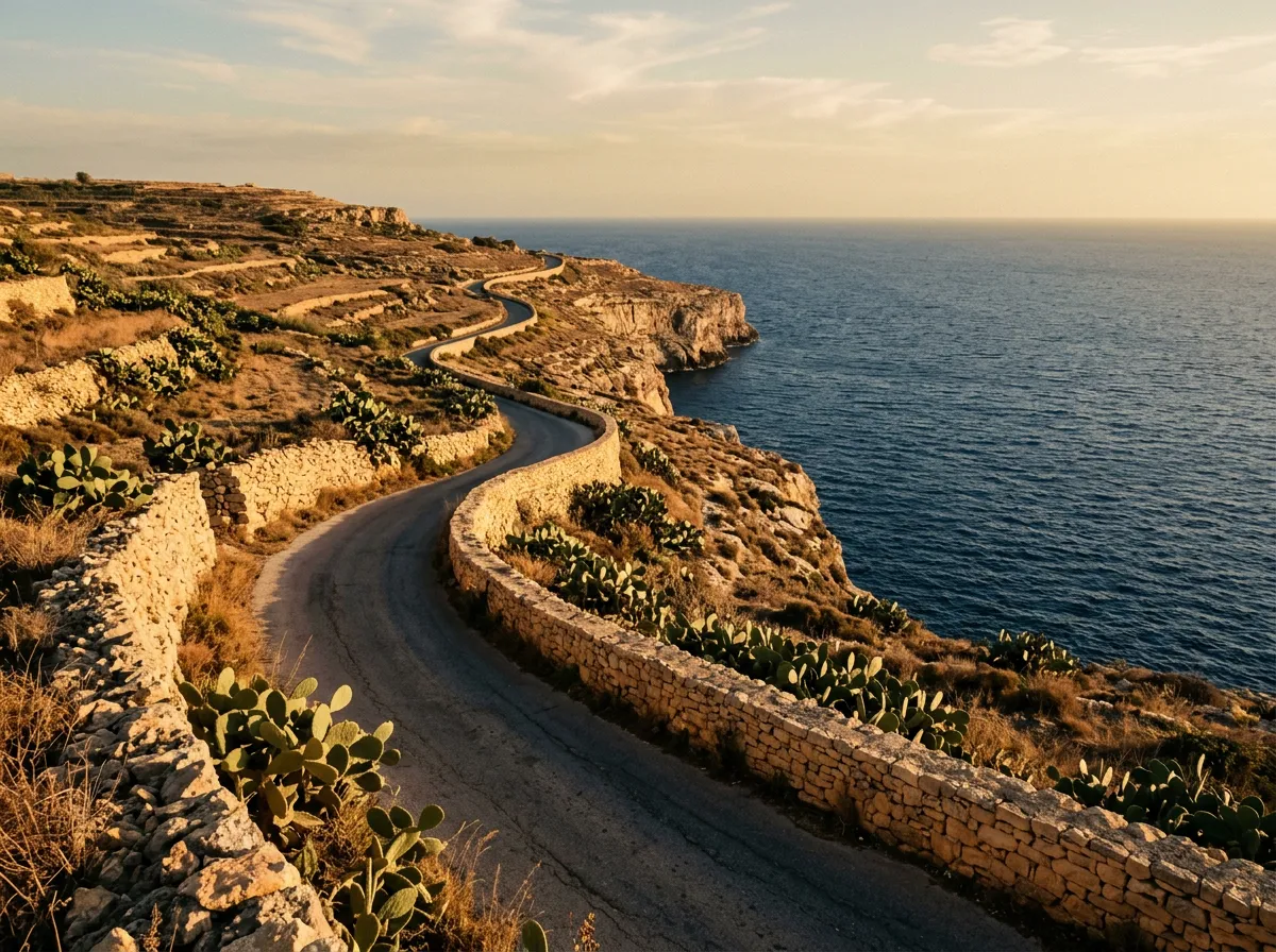 Winding narrow coastal road on Malta's northwest, honey limestone walls beside the asphalt, late golden light raking across dry hills with scattered prickly pear cacti, deep indigo Mediterranean sea visible beyond, sandstone-indigo-terracotta palette, cinematic