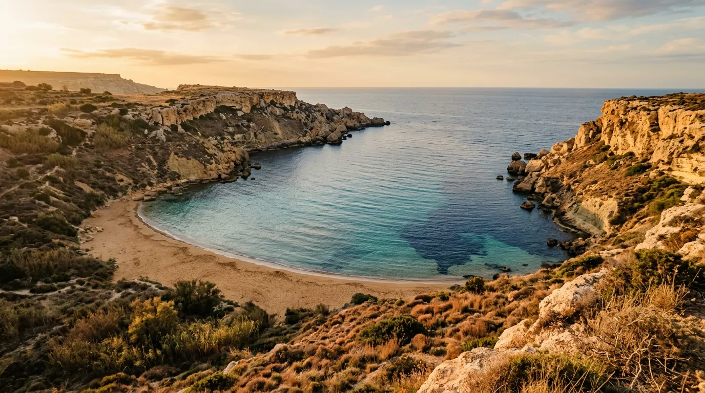 Late afternoon light falling across a sandy cove at Ġnejna Bay on Malta's northwest coast, honey limestone cliffs on both sides, calm turquoise and indigo Mediterranean water, dry scrubland above the beach, sandstone-indigo-terracotta palette, cinematic