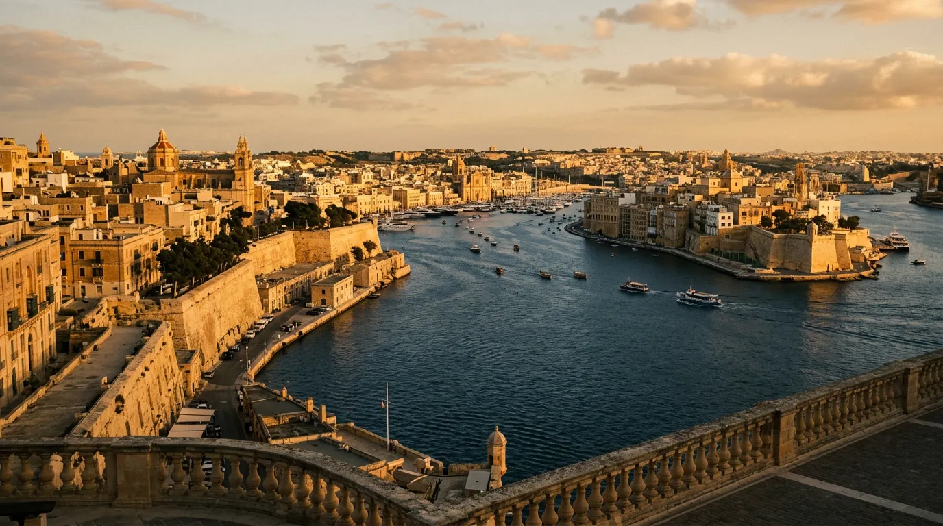 Late afternoon view from Upper Barrakka Gardens looking down over Grand Harbour to Birgu and Senglea, honey limestone bastions bathed in warm golden light, deep indigo Mediterranean water in the harbour, sandstone-indigo-terracotta palette, cinematic