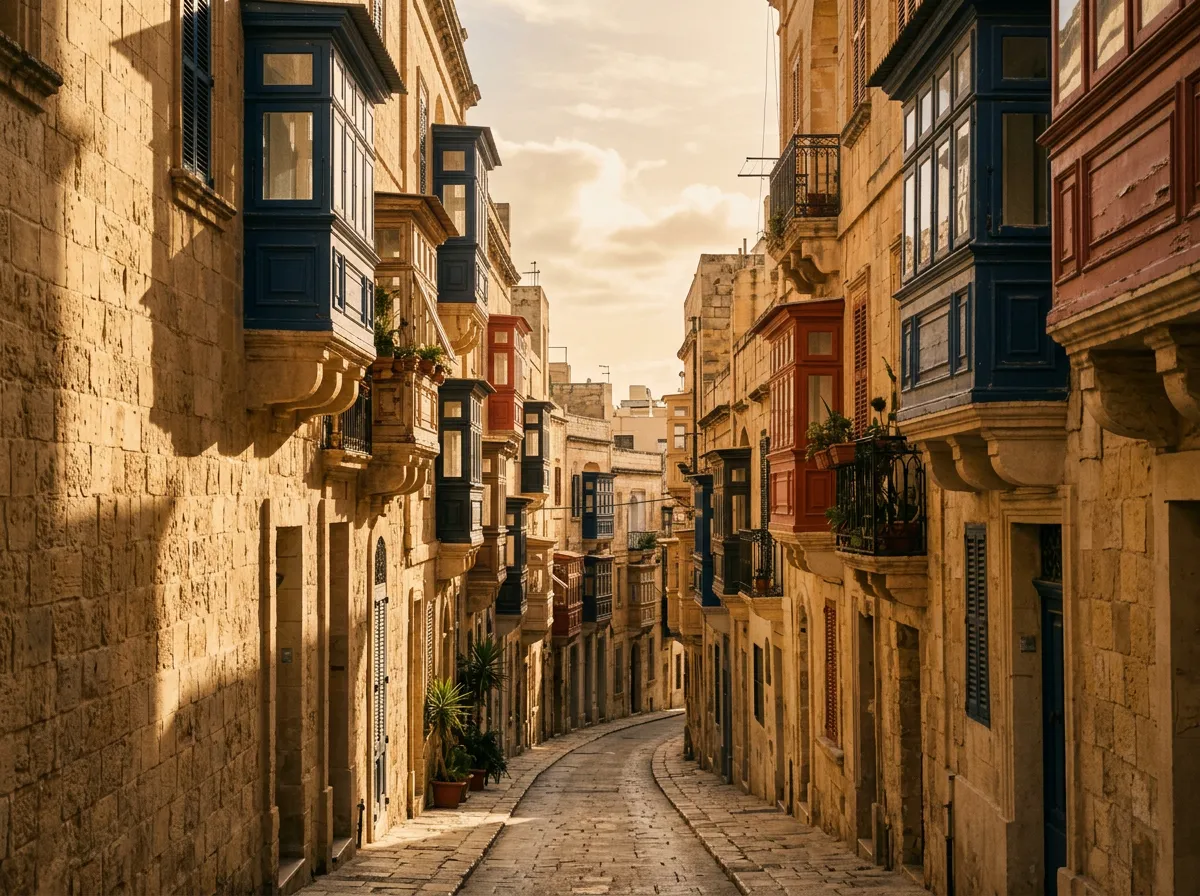 Narrow sun-dappled limestone street in Valletta with traditional wooden Maltese balconies hanging over the pavement, late afternoon shadows cutting diagonally across honey-coloured stone walls, sandstone-indigo-terracotta palette, cinematic