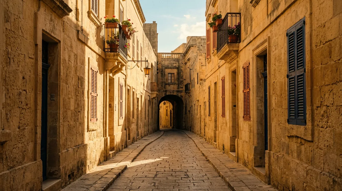 Honey limestone walls of Mdina's silent city bathed in warm late afternoon light, narrow empty street disappearing into an archway, long shadows cutting across ochre paving stones, sandstone-indigo-terracotta palette, cinematic