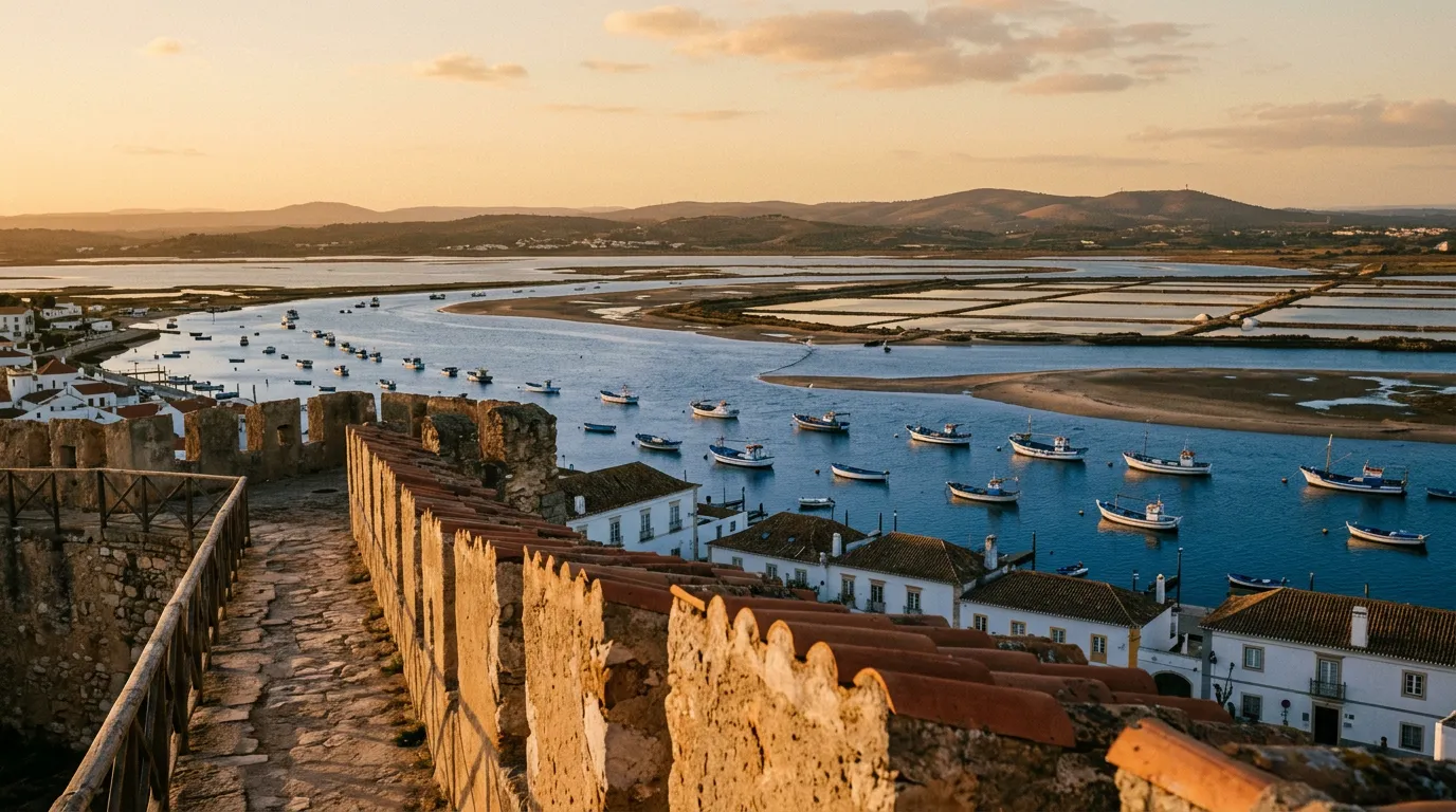 Widok z murów starego miasta Faro na Ria Formosa, białe łodzie rybackie w wodach laguny, solne stawy, dalekie wzgórza Algarve, wczesny wieczór, sandstone-indigo-terracotta palette, cinematic
