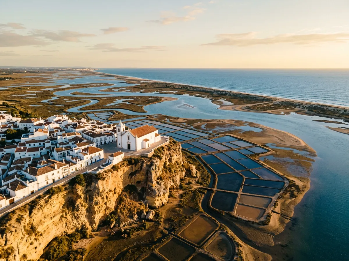 Biała wioska Cacela Velha nad laguną Ria Formosa, kościół na klifie, solne pola i ocean w tle, złote światło popołudnia, sandstone-indigo-terracotta palette, cinematic