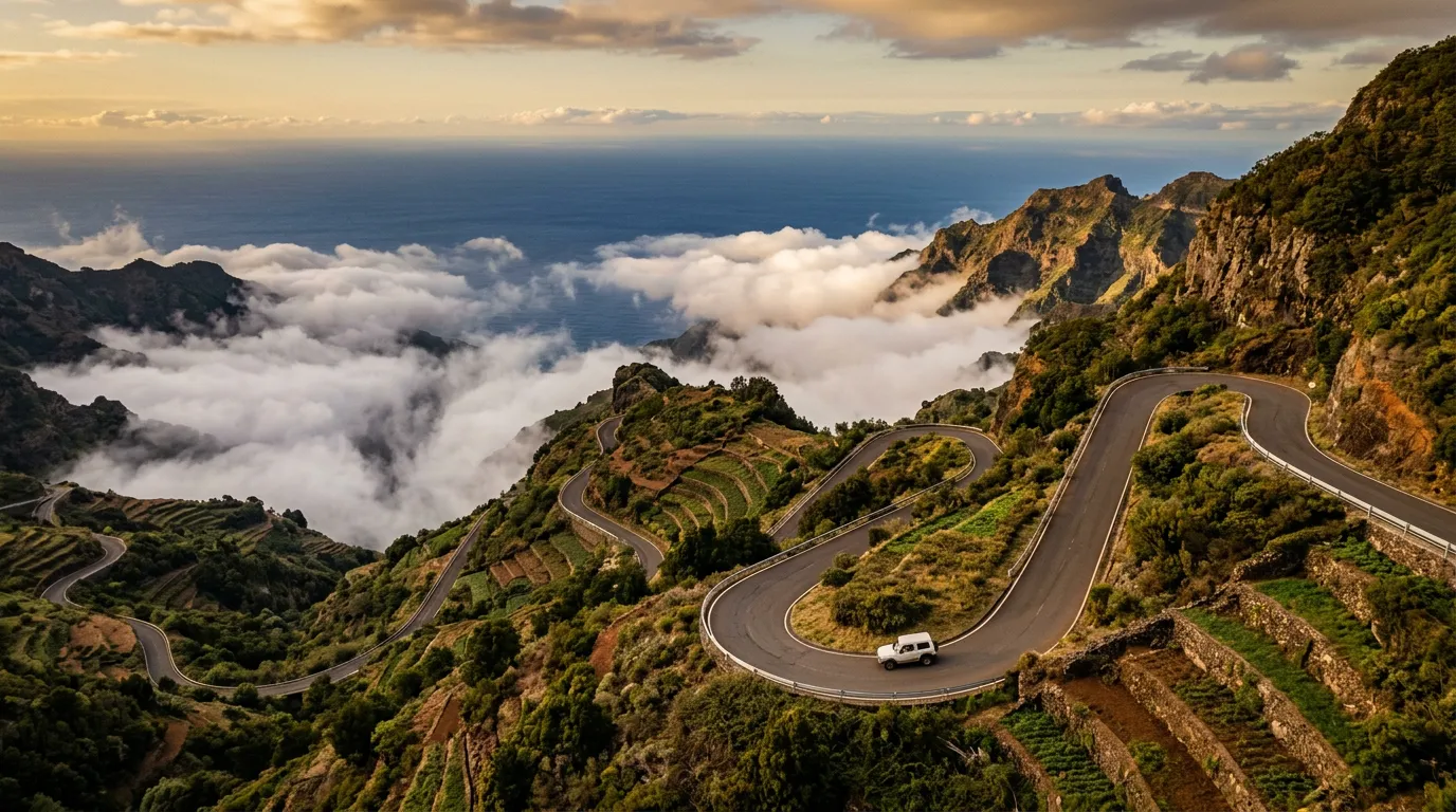Serpentyna drogi ER103 w centrum Madery wśród chmur, widok z wysokości na tarasy i ocean w dole, samotny biały SUV, późne popołudnie, sandstone-indigo-terracotta palette, cinematic