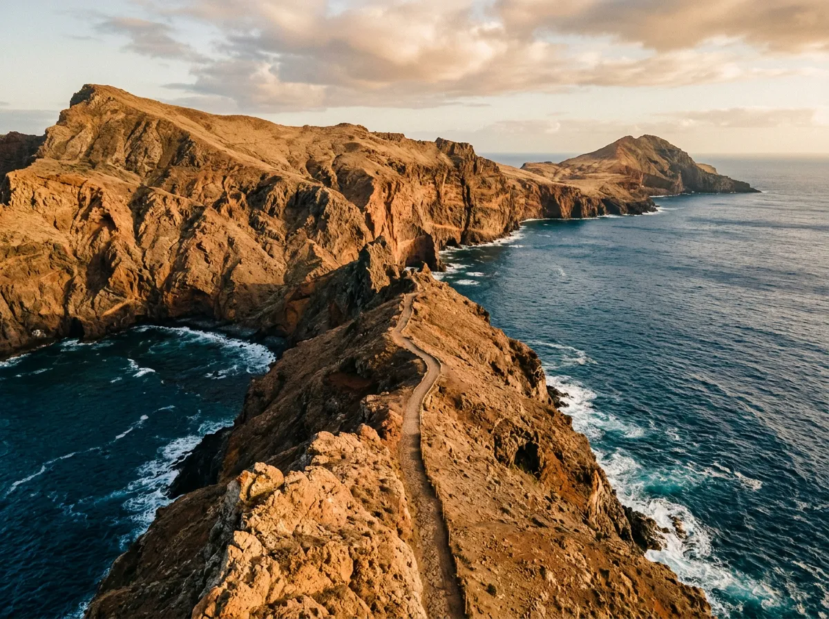 Ponta de São Lourenço, wulkaniczne klify schodzące do Atlantyku, samotna ścieżka na grzbiecie, pomarańczowe skały i głęboki indygo ocean, sandstone-indigo-terracotta palette, cinematic