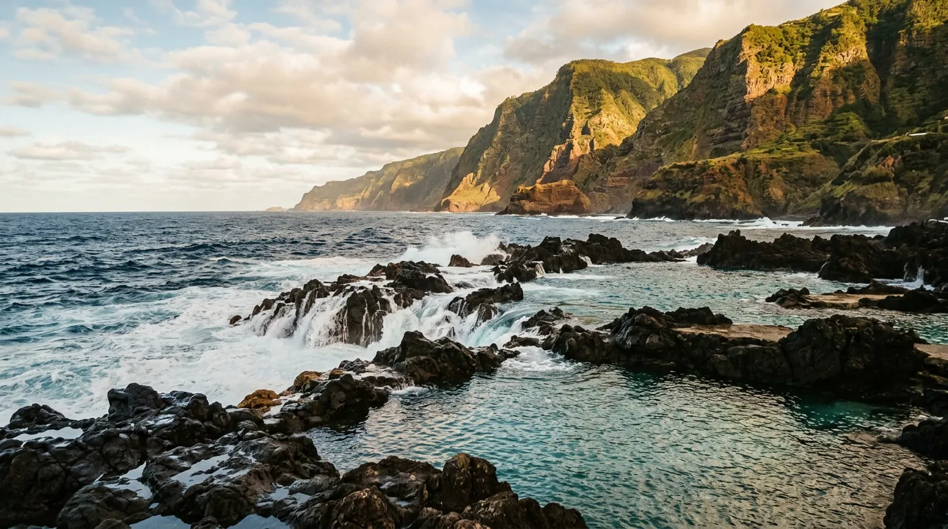 Porto Moniz, naturalne baseny wulkaniczne, Atlantyk wlewający się przez skały lawy, dramatyczne klify w tle, światło popołudniowe, sandstone-indigo-terracotta palette, cinematic