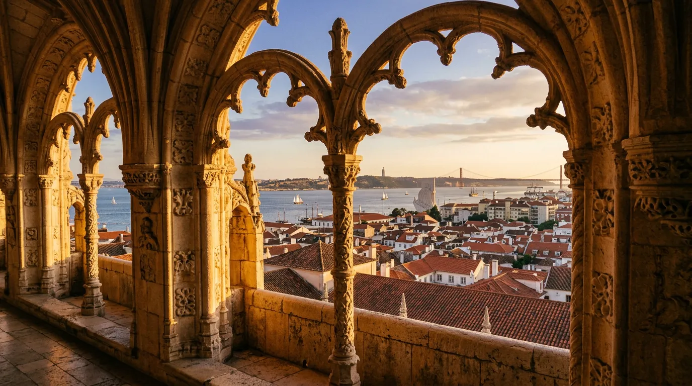 Widok z arkady klasztoru Jerónimos w Lizbonie na rzekę Tag i czerwone dachy Belém w złotej godzinie, sandstone-indigo-terracotta palette, cinematic