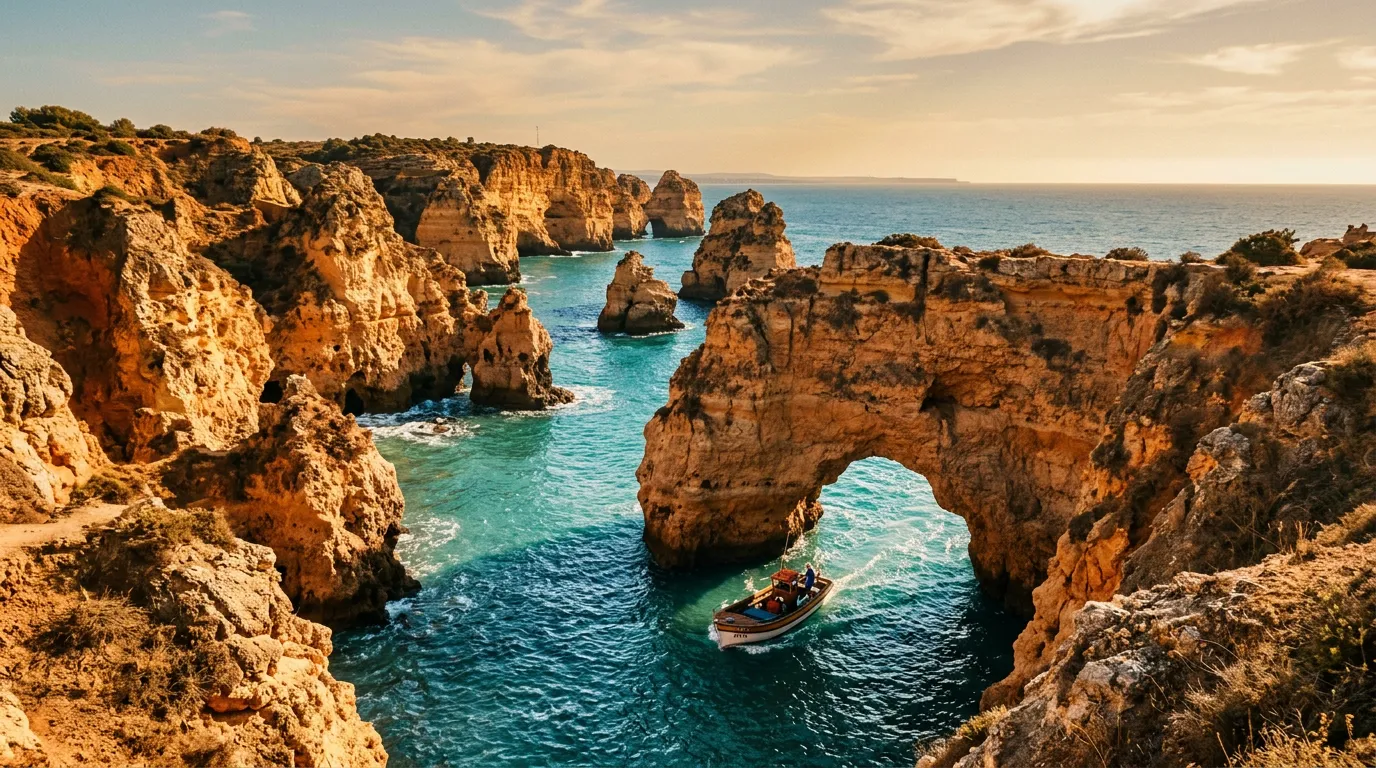 Klif Ponta da Piedade w Lagos, pomarańczowe skały rozpadające się w słupy nad turkusową zatoką, mała łódka wpływająca w naturalną arkadę, złote światło późnego popołudnia, sandstone-indigo-terracotta palette, cinematic