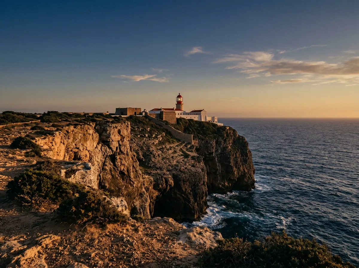 Latarnia Cabo de São Vicente na wysokim klifie nad Atlantykiem, najdalszy południowo-zachodni punkt Europy, dramatyczne urwisko, wieczorne światło, sandstone-indigo-terracotta palette, cinematic
