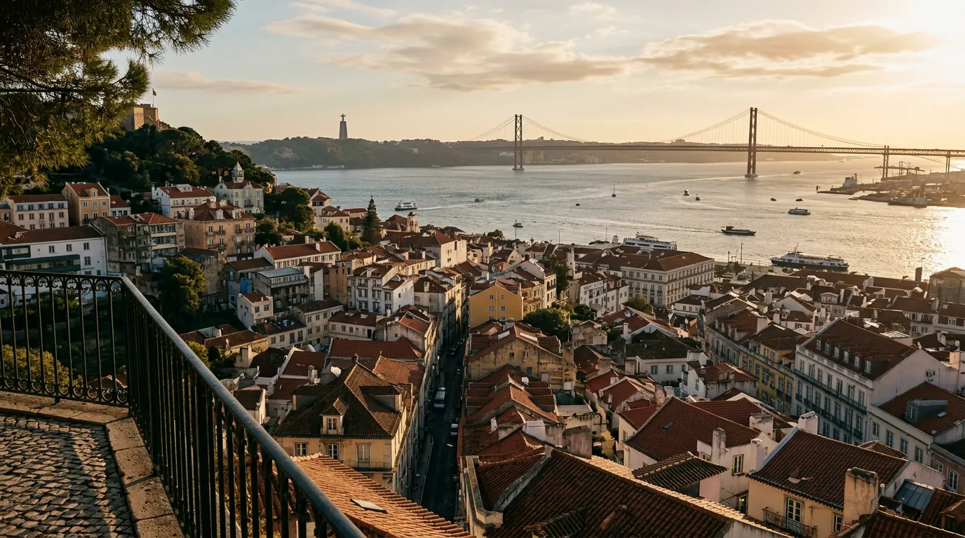 Widok z punktu widokowego Miradouro da Senhora do Monte na Alfamę, czerwone dachy schodzące do rzeki Tag, most 25 Kwietnia w tle, późne popołudnie, długie cienie, sandstone-indigo-terracotta palette, cinematic