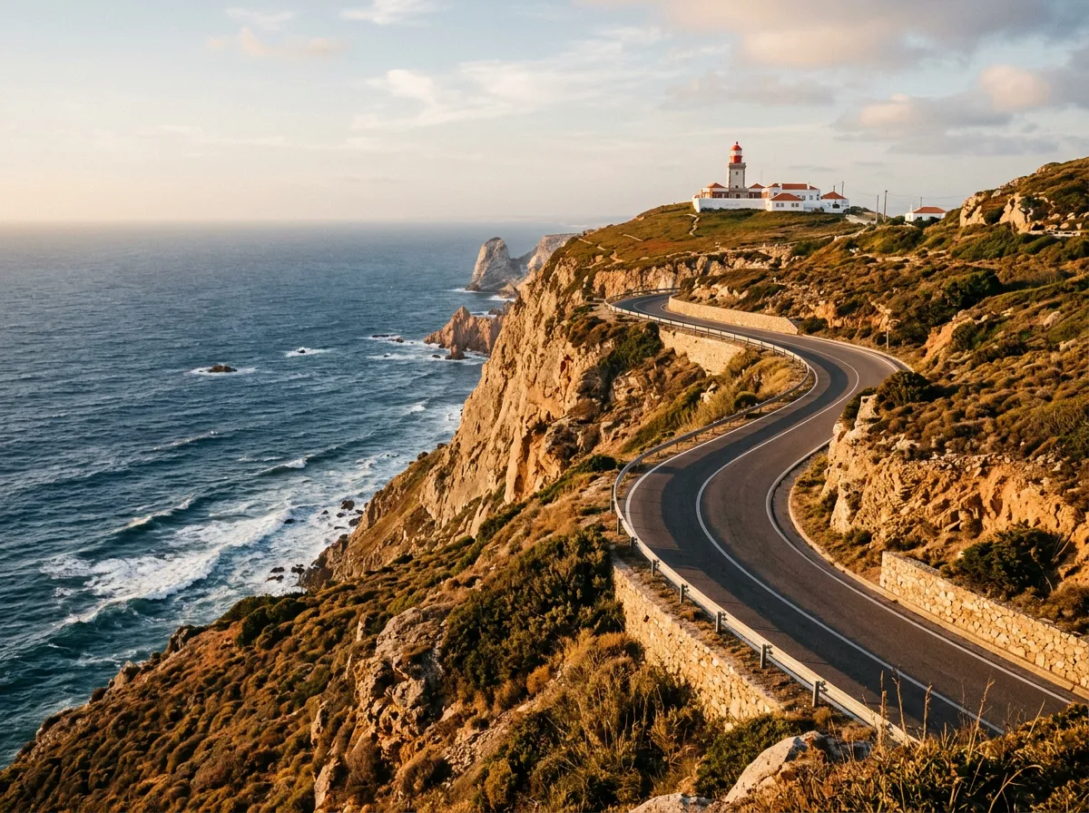 Zakręt drogi N247 przy Cabo da Roca, biała latarnia na klifie, Atlantyk w tle, złote światło późnego popołudnia, suche krzewy na skałach, sandstone-indigo-terracotta palette, cinematic