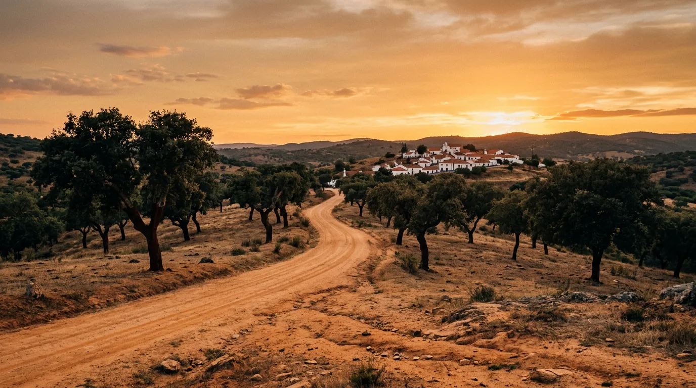 Pole korkowców w Alentejo przy drodze EN114 o zachodzie słońca, długie cienie, pomarańczowa ziemia, oddalone bielone domki wsi, sandstone-indigo-terracotta palette, cinematic