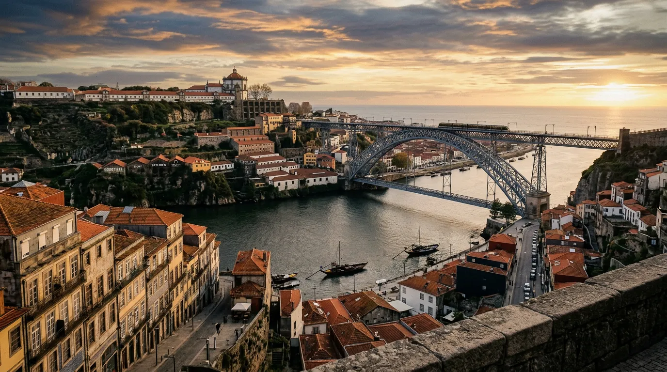 Widok z Miradouro da Vitória na Ribeirę i most Dom Luís I w Porto, granitowe kamienice schodzące do rzeki Douro, piwnice porto na drugim brzegu Vila Nova de Gaia, późne popołudnie, sandstone-indigo-terracotta palette, cinematic