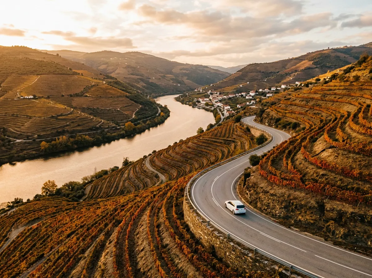 Zakręty drogi N222 wzdłuż winnic Doliny Douro w pobliżu Pinhão, tarasowe winnice schodzące do rzeki, samotne białe auto na szosie, miedziano-czerwone liście, late afternoon, sandstone-indigo-terracotta palette, cinematic